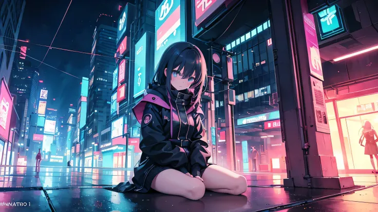 Anime girl sitting on the ground in the night city, Cyril Rowland-inspired cyberpunk art, Pixiv contest winners, Digital Art, Lofiatostyle, lofi girl, anime atmosphere, Lofiato, anime aesthetics, lofi girl aesthetic, Lo-fi atmosphere, lo fi art, lo-fi illu...