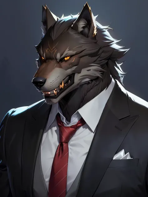 there is a man in a suit and tie with a wolf head, anthro wolf face, anthropomorphic wolf male, angry high moral werewolf, furry character portrait, anthropomorphic wolf, dark suit, he is wearing a suit, anthro portrait, werewolf man, official character il...