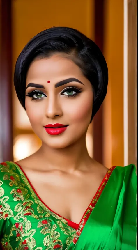 Amazing portrait of a sexy woman with her short hair in a bob style and her face covered with lots of makeup gazing at us seductive with her perfect red lips parted wearing a green saree in an empty bathroom