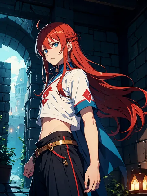 Open hair. Ruins in the background.. Crop top. wiese. Red lights. magician. jrpg. Flowers. mage. Fantasy rpg. Blue clothes.. male. Long hair. older. Boy. male. Blue eyes. Red hair. magician. runes. More anime style. 2D. flatter. anime style. Blue clothing....