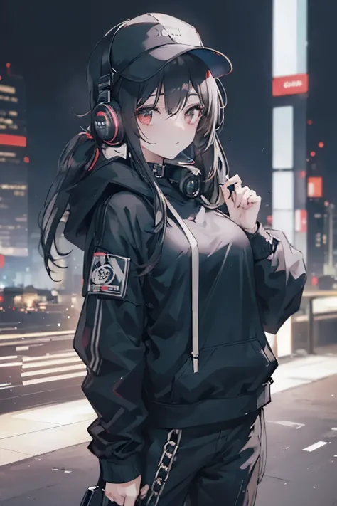 C-cup breasts, black haired girl, twintails, wears white hat, beautiful, perfect proportions, fully black outfit with no other colors, oversized black hoodie, black tactical military pants, headphones, cyberpunk fashion, cyberpunk city background, depth of...