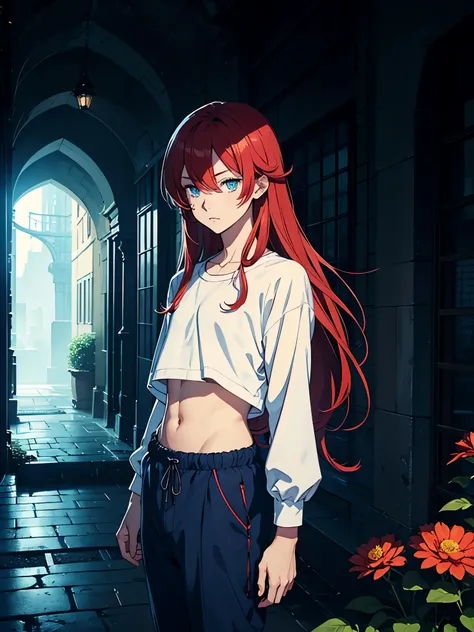 Science fiction. Open hair. Crop top. wiese. Red lights. Flowers. Blue clothes. male. Long hair. older. Boy. male. Blue eyes. Red hair. More anime style. 2D. flatter. anime style. Blue clothing. Soft. More anime. Castle. More anime. More 2D. Clean. More an...