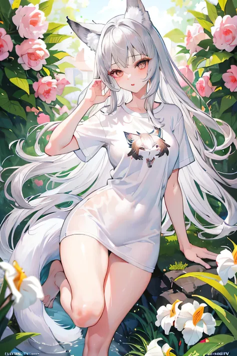 Best Quality, masterpiece, High resolution, Very detailed, beautiful girl(Silver Hair, Iris, Fox Ears, Fine skin, Perfect Anatomy), White T-shirt(T-shirts that reach above the knee), bottomless, Tempting, garden, whole body, Standing,