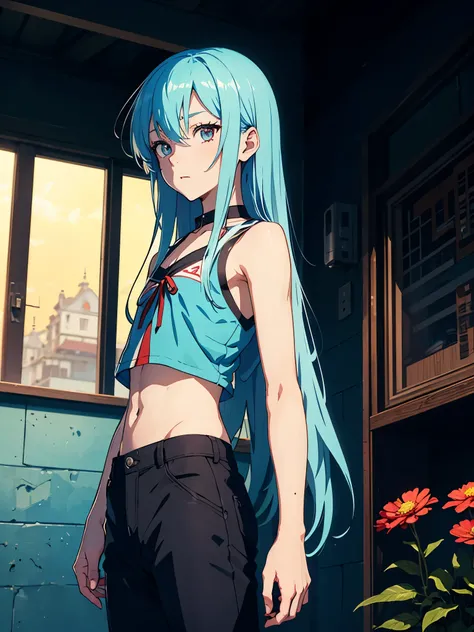 Blue hair. Red eyes. Science fiction. Open hair. Crop top. wiese. Red lights. Flowers. Blue clothes. male. Long hair. older. Boy. male. eyes. hair. More anime style. 2D. flatter. anime style. Blue clothing. Soft. More anime. Castle. More anime. More 2D. Cl...