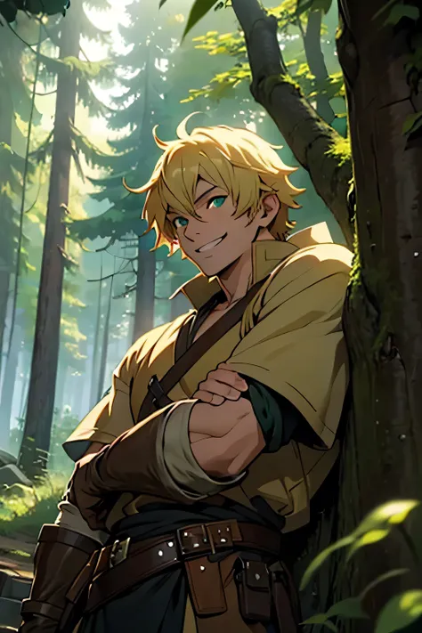 man, blond, tan, smile, strong, medieval, green eyes, young, anime style, bounty hunter, RPG, forest background