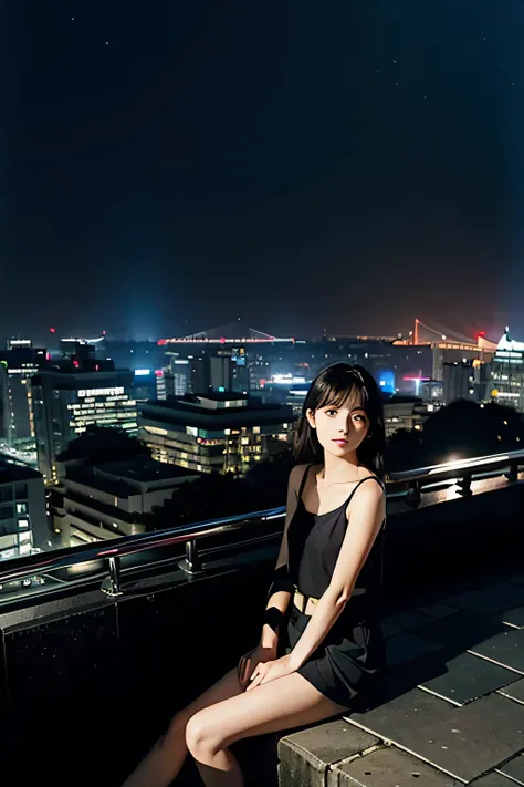 a girl wearing black top sitting on a skyscraper edge, by studio ghibli, city scenery, detailed illustration, official art, in the style of kawacy, graceful movement, nocturne, composed, hd wallpapers