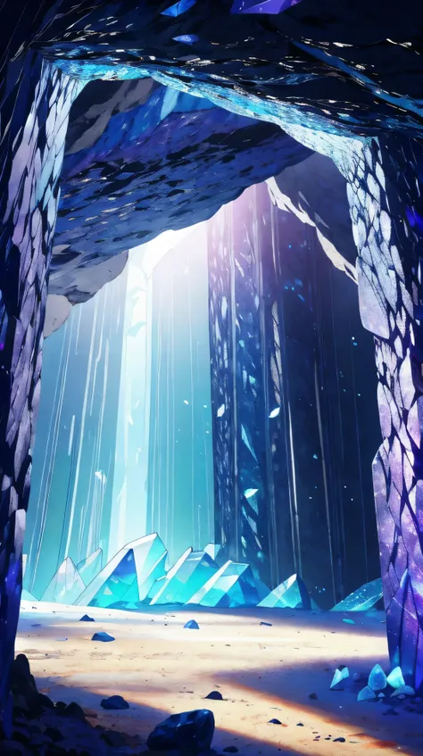 "An underground crystal cave with massive, glowing quartz formations reflecting light from hidden sources. The sparkling crystals and deep shadows give the scene a mysterious, magical feel."