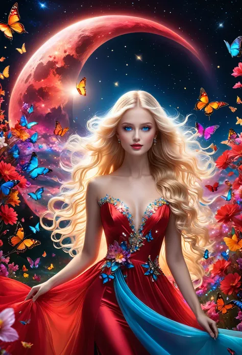 in a beautiful red dress of colorful and vibrant iridescent flowers, as if made of stardust, captured in half-length, a stunning girl, beautiful detailed face, crystal blue eyes, long flowing blonde hair, elegant poses, amidst colorful butterflies and lumi...