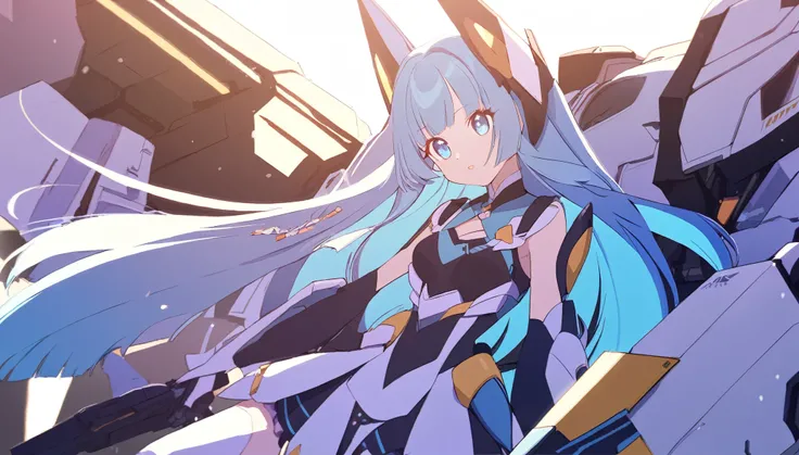 a futuristic magical girl, long blue hair, wearing a mecha inspired magical girl outfit