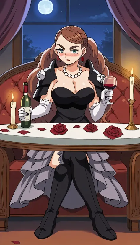 1girl, breasts, , flower, , , blue_flower, , , solo, blue_rose, crossed_legs, bottle, sitting, thighhighs, armor, gloves, , cup, rose, cleavage, candle, dress, , wine_bottle, couch, holding, drinking_glass, moon, indoors, alcohol, petals, hair_flower, jewe...