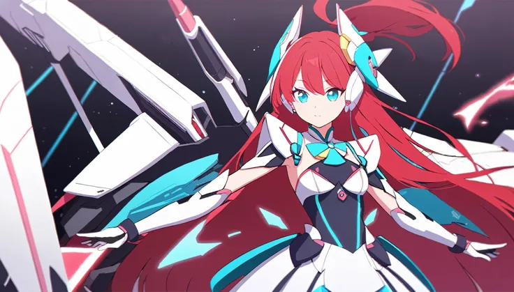 a futuristic magical girl, long red hair, wearing a mecha inspired magical girl outfit