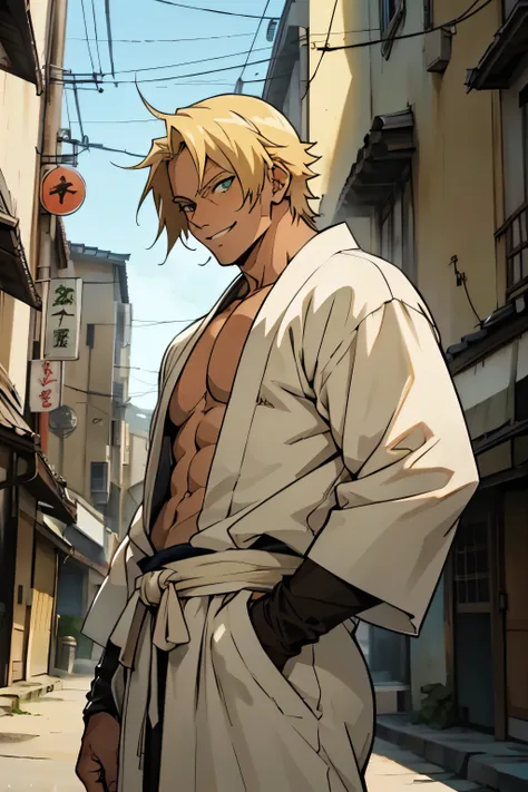 man, blond, tan, smile, strong, green eyes, young, anime style, bleach, quincy, japanese city background