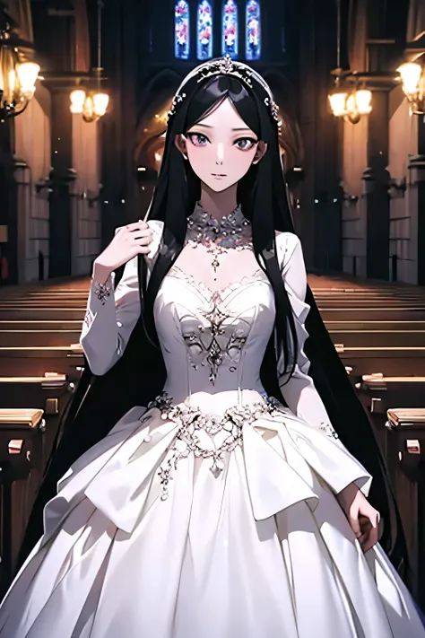 a beautiful anime girl with black long hair, extremely detailed eyes and face, slender figure,wearing a white and modest wedding dress,in a church