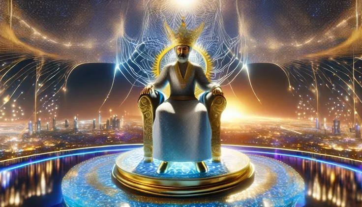 a realistic 4k photo of an Iranian king statue on a magnificent throne whit a gold crown on his head in a bright room, with a wonderful city in the background, sunburst and an astral cosmic web in the foreground, DonMC0sm1cW3bXL