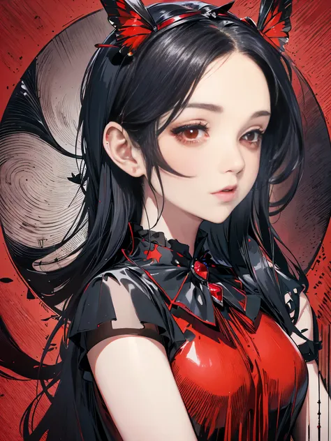 Expressionless,,(Dark Fantasy),((Wonderful Illustration)),(Detail Splash), long black hair, red pupils, girl, pure black dress, only the collar, cuffs and skirt are dark red, ears Pinned to the side is a red butterfly barrette, masterpiece, best quality, h...