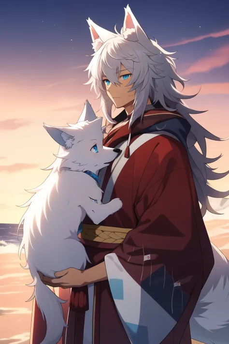 tan skin, male, messy hair, white hair, medium long hair, shaggy hair, large wolf ears, bushy tail, robes, ainu, pretty, blue eyes, tired,  mature, bishounen, tall, coast