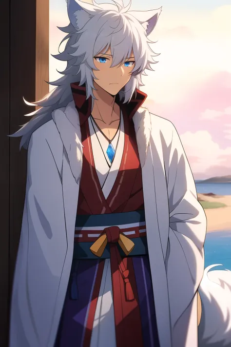 tan skin, male, messy hair, white hair, medium long hair, shaggy hair, large wolf ears, bushy tail, robes, ainu, pretty, blue eyes, tired,  mature, bishounen, tall, coast, one person, blue-purple eyes, crystal pendant
