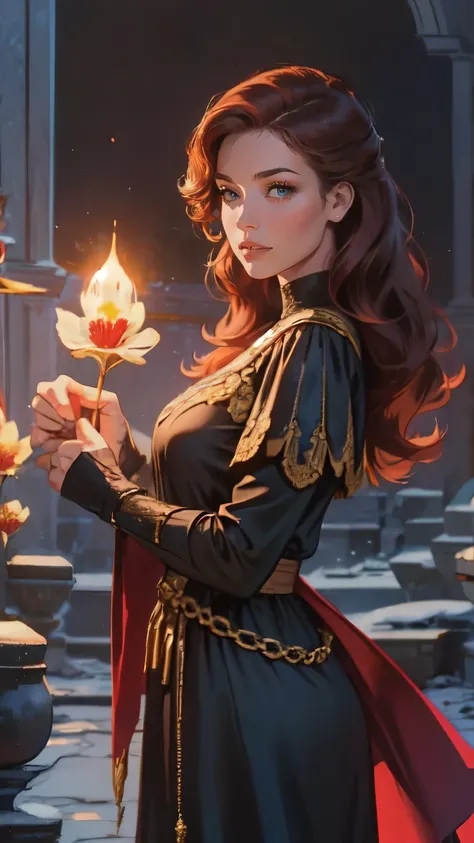 dark fantasy, dark empire, 16th century, light shades, flowers, girl, European origin, brown-eyed, with scarlet hair, in a simple medieval dress, on the background of a castle made of light stone, hd