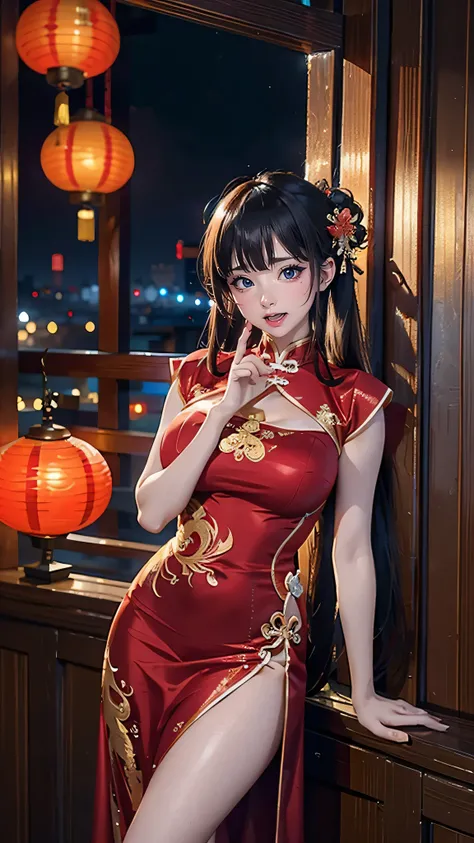 Mature woman standing with her back to the camera:1 girl wearing an upscale Chinese dress, 
Smooth, moisturized and firm skin texture, Tight and seductive outfit, 
A corner of the red light district, A dark background that makes the subject stand out, Larg...