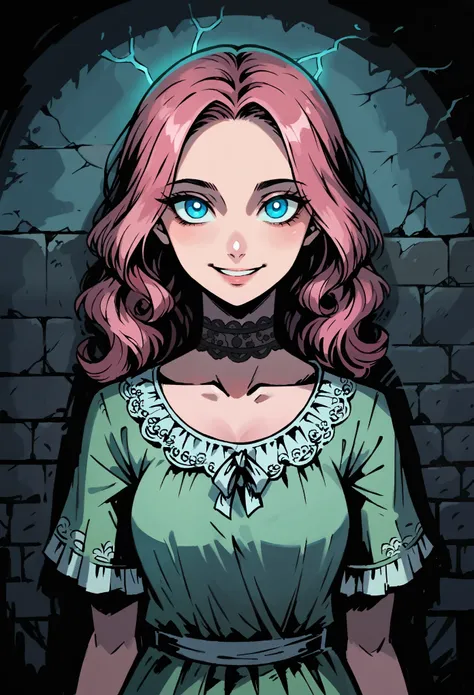 Medium close-up of pale, slender girl, long wavy pink hair. 20 years old. Detailed blue eyes and thick eyebrow. Smiling face expresion, looking directly at the viewer, with a finely detailed, ultra-clear face. Black lace choker. Prairie green dress with la...