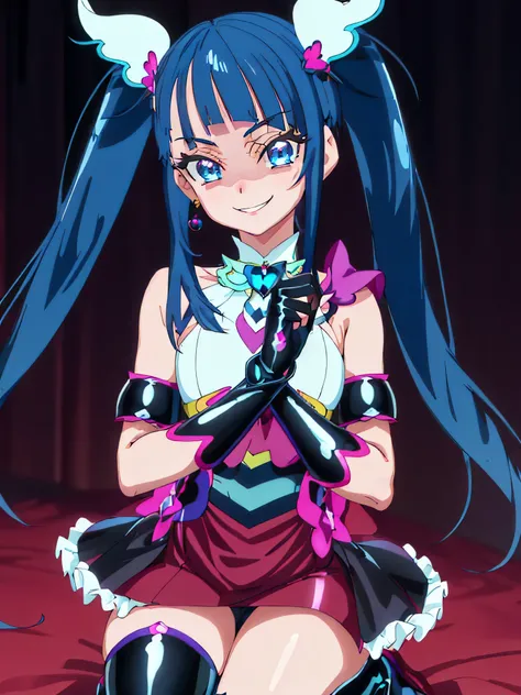 Highest quality, Very detailed,One Girl, alone, {cure_null_hirogarunullprecure:1.15}, Dark blue hair, blue eyes, Blue flames in the eyes, Long Hair, Twin tails, Magical girl, bangs, Open your mouth, Redhead, multicoloRedhead, One Girl, blunt bangs, Darken ...