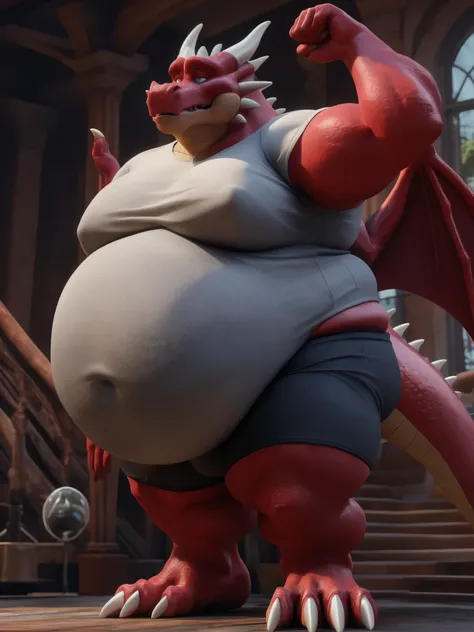 Male Red dragon, extremely obese, very big round belly, very big moobs, chubby face, big cheeks, 3D render, tight white short sleeves t-shirt, belly half visible, too tiny t-shirt, briefs, pump off the belly, belly forward, hands behind his back, whole bod...