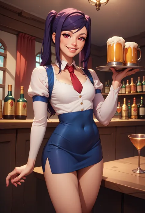 8k, high detailed picture, (plump smiling lips:1.1), look at you, perfect flat breast, gloomy girl, thin and elegant hands, neat palms, perfect hands, holds in hands a tray with beer mugs, neat feet, skinny girl, long legs, tight micro skirt, Bar photo, ji...