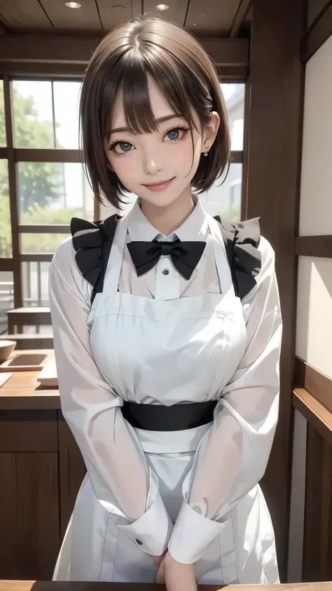 cute 2 japanese、apron, black bow tie、Waiter、Cafe、super detail face、pay attention to details、double eyelid、beautiful thin nose、sharp focus:1.2、Beautiful woman:1.4、(light brown hair,short hair、),pure white skin、highest quality、masterpiece、ultra high resoluti...