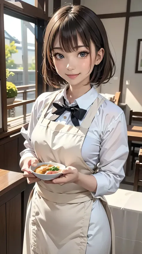 cute 2 japanese、apron, black bow tie、Waiter、Cafe、super detail face、pay attention to details、double eyelid、beautiful thin nose、sharp focus:1.2、Beautiful woman:1.4、(light brown hair,short hair、),pure white skin、highest quality、masterpiece、ultra high resoluti...