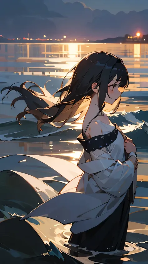 ((best quality)), ((masterpiece)), (detailed), 1girl, off-shoulder, Almond Eye,calm night sea,The sound of waves echoes,Your voice is far away,Vanishing on the wind
