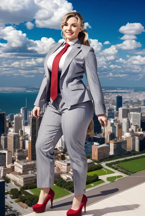 Giantess art, giga giantess in distance walking on through city, multiple women with beautiful curves, massive thighs, blonde hair, lipstick, wearing a perfect form-fitting loght grey pinstripe trouser suit and blazer, crisp white shirt with large spread c...