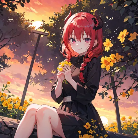 Satanichia mcdowell showing with a smile and holding yellow flowers with her hands sitting under a tree dressed in black clothes sunset beautiful red hair and held with braids magenta eyes detailed eyes detailed arms and hands 