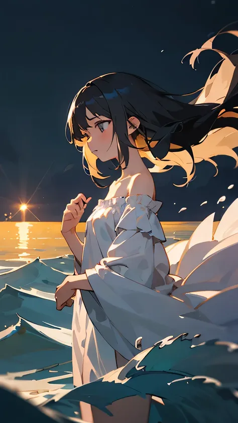 ((best quality)), ((masterpiece)), (detailed), 1girl, off-shoulder, Almond Eye,calm night sea,The sound of waves echoes,Your voice is far away, Vanishing on the wind