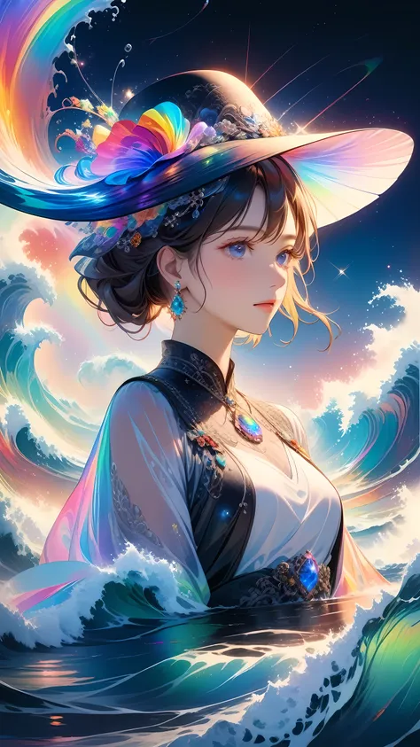 a beautiful young woman，ultra-detailed，rich details，jewelry，jewelry，hat， mysterious waves at night. 3d. rainbow colors. the melt...