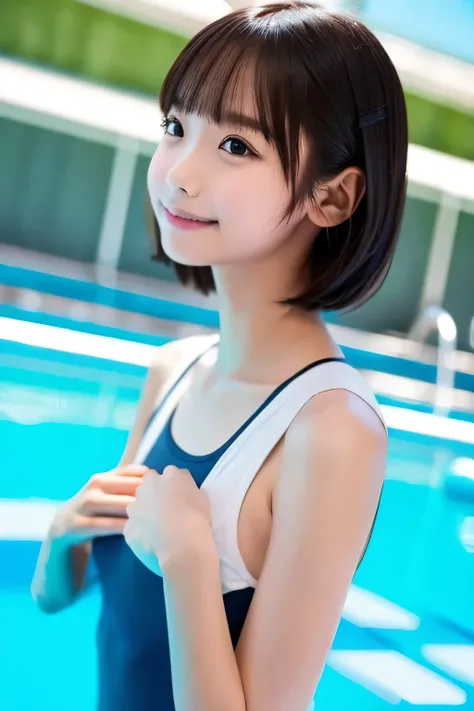 (A girl sitting at the school poolside:1.5), (smile:1.3), (Navy blue one-piece swimsuit for school:1.3), (Best Quality:1.4), (Highly detailed and realistic skin:1.3), (Very detailedな髪と顔), Very detailed, Short Hair, (Child body type:1.3), (Flat Chest:1.3), ...