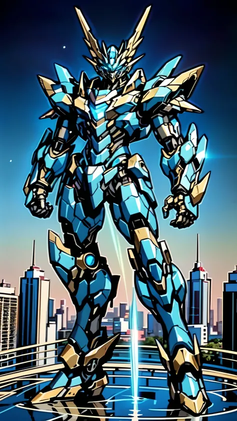 (masterpiece:1.5, best quality:1.5, extremely delicate:1.5), (male:1.5), humanoid Mecha, fully enclosed shoulder guards, matching arm and leg guards, full body, full armor, the design balances heavy with agility, (the color scheme is primarily Red with Blu...