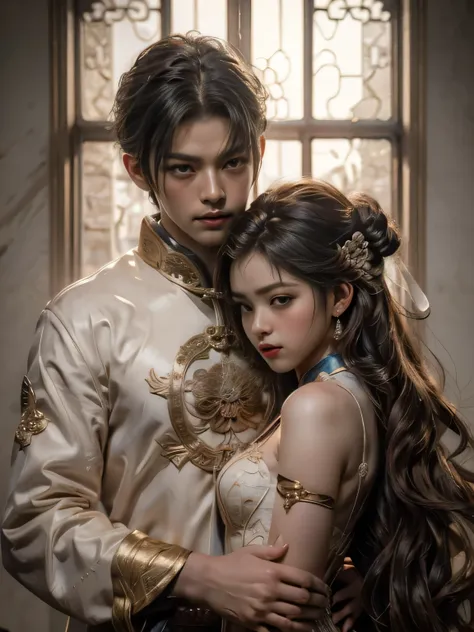 (Best Quality, Super Detail, Masterpiece, Representative Work, Official Art, Professional, Super Fine Detail, 8k:1.3), (photorealism:1.2), (Couple, Beautiful Girl and Boy), Looking at Each Other, Smiling and Wearing White Clothes, Delicate Hair, Ancient Ch...