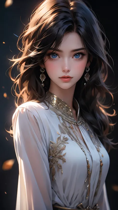 ((Masterpiece)), envision a 8k, highres, cinematic, extremely beautiful semi realistic close up portrait of a beautiful lady with a slender body, strong face, older mature face, brown hair, side locks, long bangs, blue eyes, armored dress, long sleeved, sh...