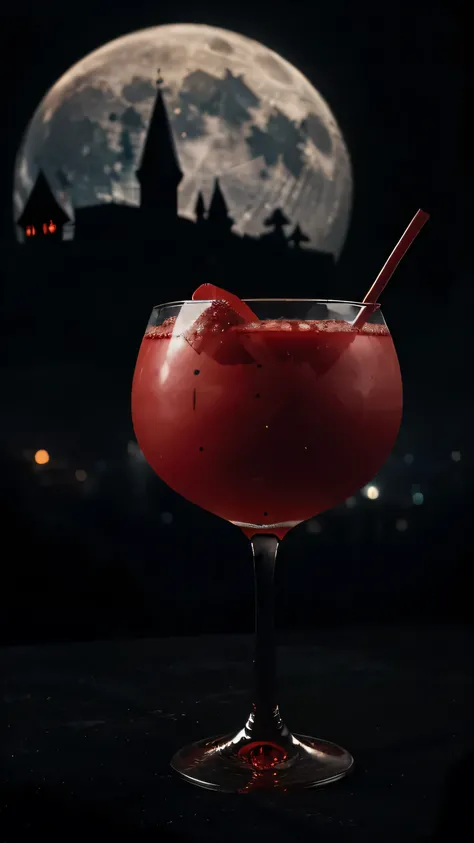 A blood-red cocktail served in a gothic, bat-wing-shaped goblet, with a glowing moon and bats flying across the dark sky. The background is a misty graveyard with ancient tombstones and a fog-covered ground. Add a garnish of red syrup dripping down the sid...