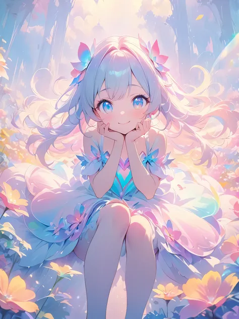 Solo,A young girl in a princess dress with a petal skirt, sitting on a giant oversized_flower, smiling peacefully. The scene is highly detailed, with vivid and delicate pastel colors, an ethereal and serene atmosphere, and awe-inspiring transcendent beauty...