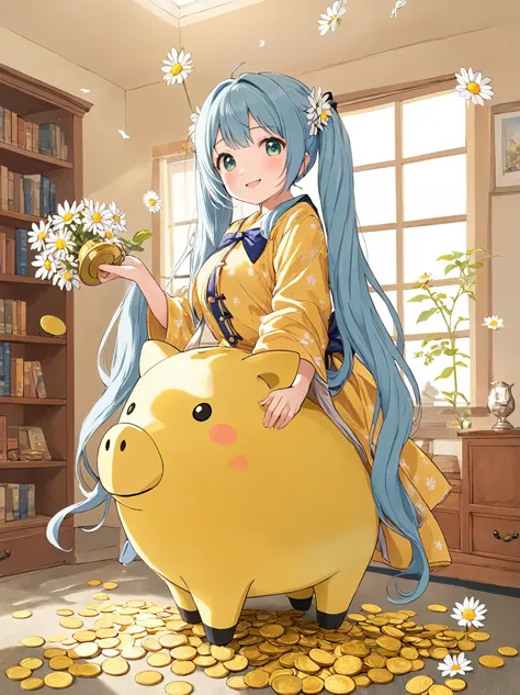 Anime girl holding a big Totoro piggy bank with coins, Light blue long hair、Cute girl with twin tails, Cute Costumes、A bright living room decorated with daisies that let in sunlight、Coin shower、Bright smile、Coins flying in the air