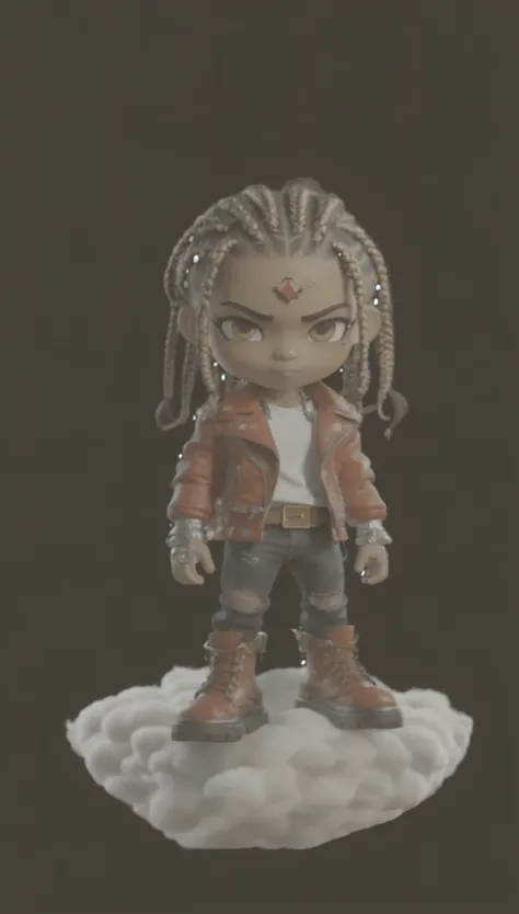 A chibi light brown skin[brown skin] male , 3d video game character , floating on a cloud, red leather jacket,  big red boots, ripped jeans, long box braids hairstyle.High Resolution, Best Quality, Super Detailed, Textured Skin, Floating Hair, box braids. ...