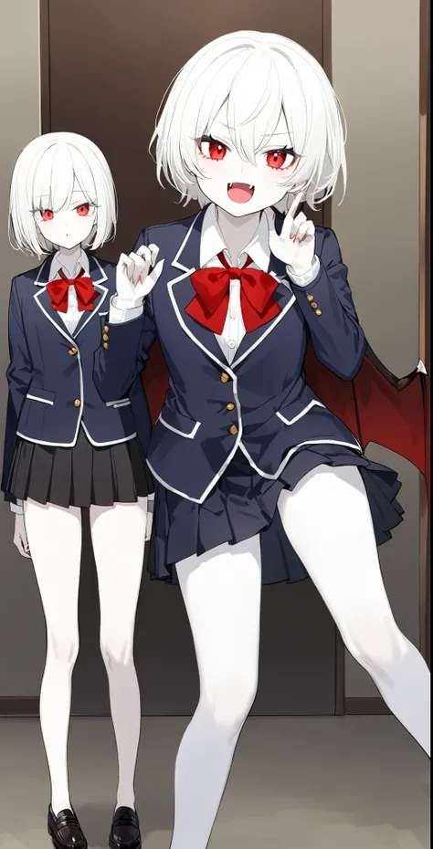 2 Girls、Medium Short Hair、Red eyes、Fangs growing、vampire、high school student、Pure white pale skin、Pure white hair、Wearing a shirt、Wearing a skirt、Wearing a blazer、Height 170cm or more、vampire学校の生徒