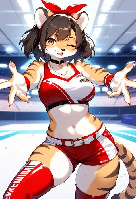 score_9, score_8_up, score_7_up, score_6_up, score_5_up, score_4_up, source_anime, best quality, masterpiece, 1 female, (furry, kemono:1.3), tiger, solo, navel, shorts, midriff, smile, race queen, choker, kret, looking at viewer, outstretched arms, crop to...