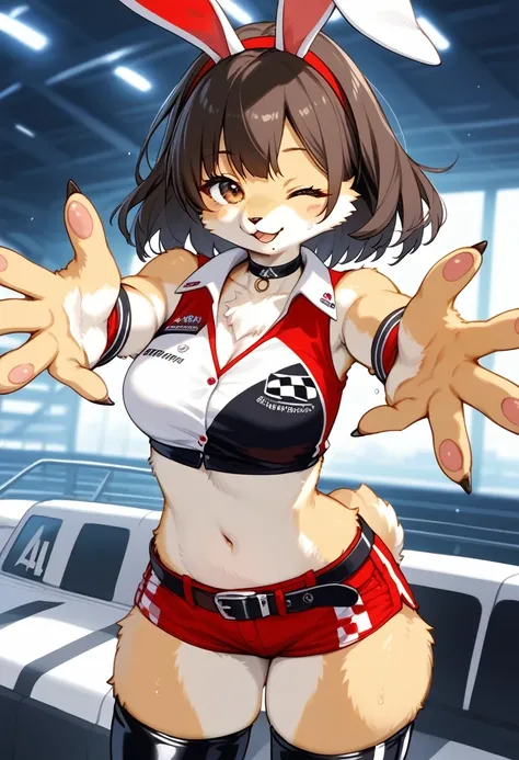 score_9, score_8_up, score_7_up, score_6_up, score_5_up, score_4_up, source_anime, best quality, masterpiece, 1 female, (furry, kemono:1.3), rabbit, solo, navel, shorts, midriff, smile, race queen, choker, kret, looking at viewer, outstretched arms, crop t...