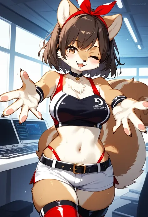 score_9, score_8_up, score_7_up, score_6_up, score_5_up, score_4_up, source_anime, best quality, masterpiece, 1 female, (furry, kemono:1.3),  Squirrel, solo, navel, shorts, midriff, smile, race queen, choker, kret, looking at viewer, outstretched arms, cro...