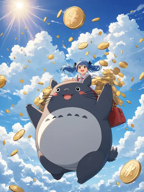 Anime girl flying in the sky on a big Totoro piggy bank with coins, Light blue long hair、Cute girl with twin tails, Cute Costumes、White clouds in the blue sky、Coins are falling from the sky、Bright smile、Coins flying in the air