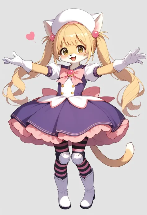 score_9, score_8_up, score_7_up, score_6_up, score_5_up, score_4_up, source_anime, best quality, masterpiece, 1 female, (furry, kemono:1.3), cat solo, twintails, gloves, smile, long hair, blonde hair, dress, open mouth, white gloves, hat, white footwear, m...