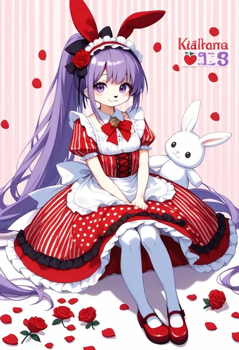 score_9, score_8_up, score_7_up, score_6_up, score_5_up, score_4_up, source_anime, best quality, masterpiece, 1 female, (furry, kemono:1.3), rabbit, purple eyes, long hair, purple hair, dress, polka dot dress, solo, flower, character name, smile, red footw...