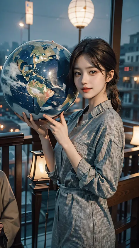 Two hands holding an open book, out of the book came out a planet shaped like a lamp, city background with people, blurred background, realistic image.